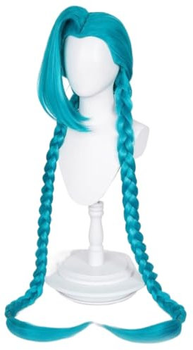 Jinx League of Legends Spiel Cosplay Perücke Blau Mittlerer Teil Zwei Zöpfe für Halloween Kostüm Party Free Cap