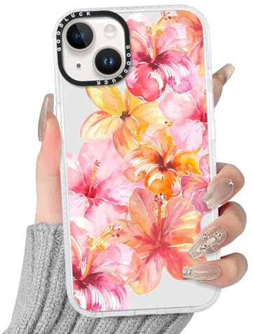 Yoedge Handyhülle für iPhone 14/iPhone 13 Hülle mit Hibiskus Blumen Muster | Aesthetic Meerestier Sommer Bunt Design Case Mädchen Geschenk Schutzhülle, Transparent Silikon Kratzfest Cover, Rosa 04
