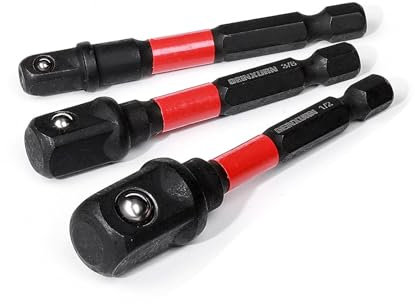Impact Driver Socket Adapter Set, 1/4, 3/8, 1/2 Drive, 75mm Length, Black and Red