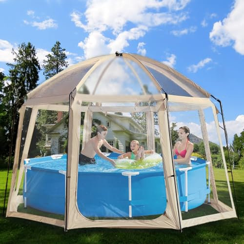 Poolabdeckung Rund – 460x460x300cm – Pool Dome für Pools bis ca. Ø 366cm – Poolzelt Mit Zwei große Reißverschlusstüren - Pool Sonnenschutz SPF35+ – Pool Überdachung Blockiert Blätter und Vogelkot.