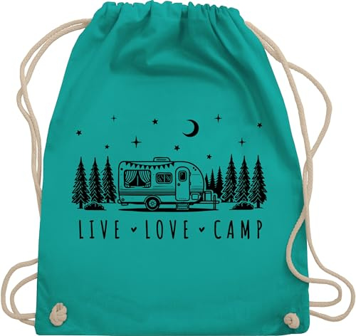 Turnbeutel Rucksack - Camping Taschen - Live, Love, Camp - Roadtrip Van life Accessoires - Unisize - Türkis - campingbeutel camper campingfans geschenke campen motiv zelten motive für mit