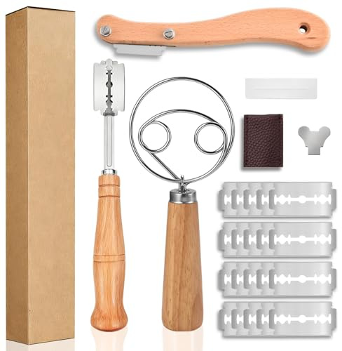 Hyxodjy Bäckermesser, Brot Einschneidemesser Gebogene Brotmesser Teig Rasiermesser Set mit 20 Ersatzklingen Broteinschneidemesser für Gerade Schnitte zum Brotbacken DIY Brotteig Muster