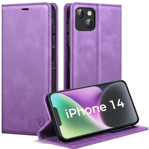 AIMOYU Handyhülle für iPhone 14 Hülle, Premium PU Leder Klapphülle Schutzhülle, Tasche Magnet Kartenfach Standfunktion Flip Case Hülle für iPhone 14, Lila