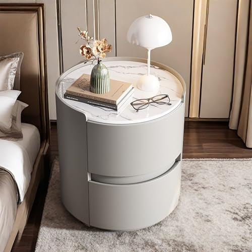 TWSOUL Round Bedside Table, Bedside Cabinet with 2 Drawers, Leather Cover Bedside Table, Stone Countertop Nightstand Cabinet, for Bedroom Living Room, 40 x 40 x 50 cm
