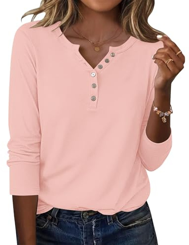 WNEEDU Chemise Femme à Manches Longues Henley T-Shirt Décontracté Pull | Tunique Blouse Col V avec Boutons,Basique Top Chic et Elegant,Haut pour l'automne