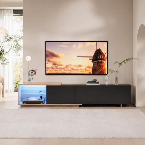 BRILVERDE Muebles de TV de inducción,Mueble de TV LED,Armario de TV extensible,Armario bajo para sala de estar,Mueble bajo moderno de TV con 3 cajones,240 × 38 × 44 cm (negro)