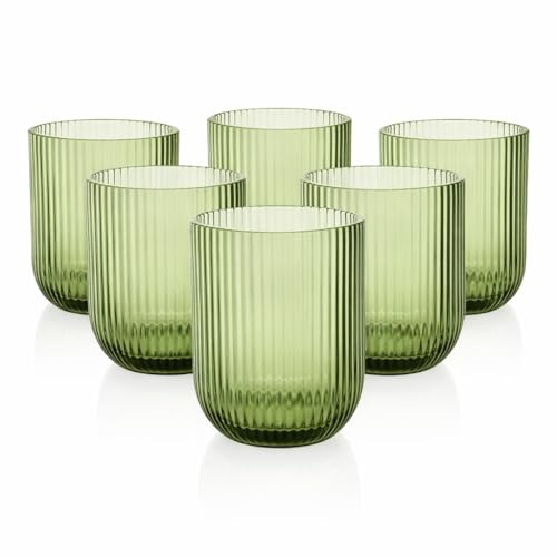 MECSAL CASALINGHI Set 6 Bicchieri Vetro Rigato 300 ml – Bicchieri Acqua e Cocktail Design Moderno, Bicchieri Colorati Eleganti per Tavola e Cucina, Resistenti Lavastoviglie, Tumbler in Vetro (Verde)