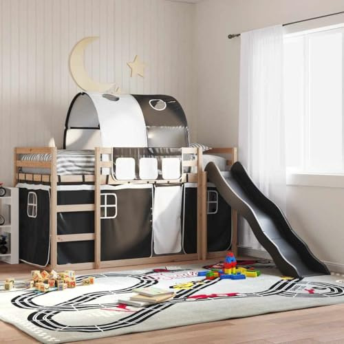KTHLBRH Wooden Bunk Bed with Slide and Ladder, White and Black, 80x200 cm, Solid Pine Construction, Safety Guardrails, Sturdy Slats, Space-Saving Design for Bedroom