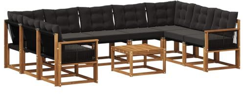 vidaXL Outdoor-Sofagarnitur mit Kissen 10 pcs Natürlich und Schwarz, Moderne Gartenmöbel, Akazienholz-Sofa, Textilene-Rücken, strapazierfähige Sitzmöbel, Bequeme Liegeplätze