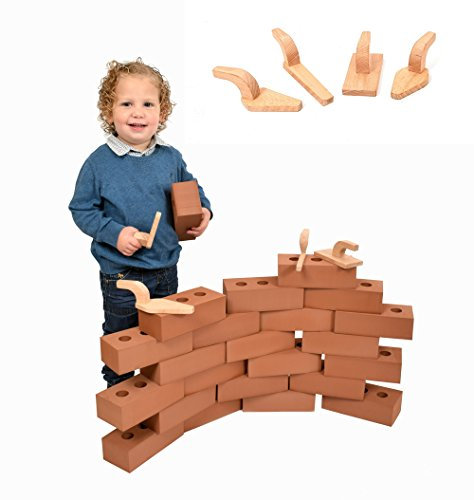 Playlearn Foam Bricks for Kids Set of 25, Real Size Blocks Bricks and Wooden Tools for Toddler Construction Play, Life Size foam building blocks
