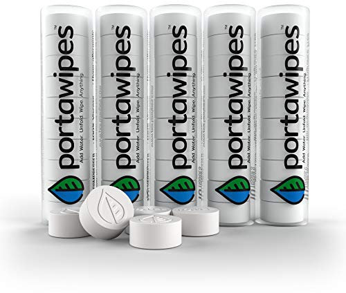 Portawipes Coin Tissues | 50 Pack with 5 Carrying Cases | Toilet Paper Tablets | Compressed Towels | Expandable Wipes | Soft & Odor Free