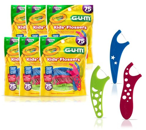 GUM - 70070942306514 Crayola Lot de 6 fils dentaires pour enfant avec revêtement en fluorure et poignée ergonomique 3 ans et plus, 75 fils