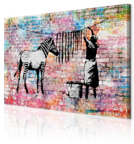 decomonkey Wandbilder Banksy 60x40 cm 1 Teilig Leinwandbilder Kunstdruck | Strukturleinwand, Holzkeilrahmen, Bild auf Leinwand, Wanddeko, Wohnzimmer, Wanddekoration, Street Art, Graffiti, Zebra