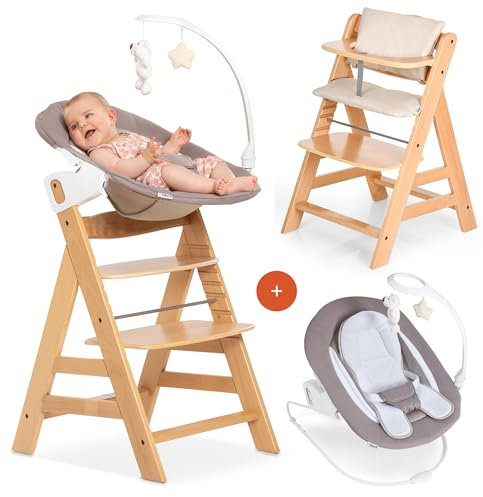 hauck Alpha+ Newborn Set Deluxe - Baby Holz Hochstuhl ab Geburt mit Liegefunktion - inkl. Aufsatz für Neugeborene & Sitzpolster - mitwachsend, verstellbar - Natur