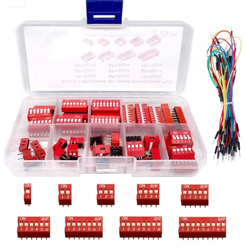 Youmile 40 PCS DIP Switch Assorted Kit Red 1 2 3 4 6 7 8 9 Position 2.54mm On Off Slide Type Switch For Breadboard With Jump Wire
