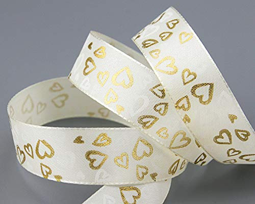finemark 20 m x 25 mm Dekoband Golden Hearts Creme Gold Taftband mit Herzen Schleifenband Geschenkband Stoffband Hearts Valentinstag glänzend Rolle