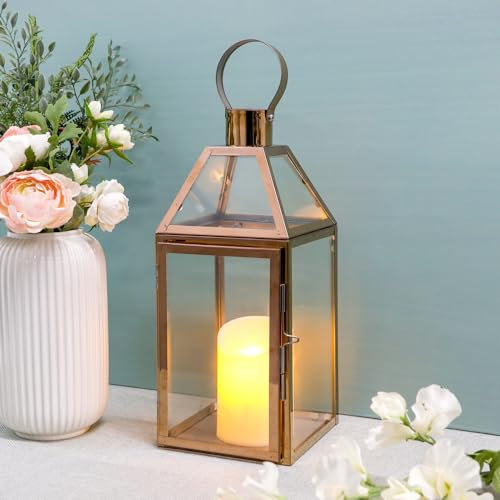 JHY DESIGN 34cm Hohe Kerzen Laternen, Glas Laternen Edelstahl Windlicht Hängender Kerzenständerr mit Metallring Oben, Deko Kerzenhalter für Outdoor Wohnzimmer Garten Balkon Innen Indoor Draußen(Gold)