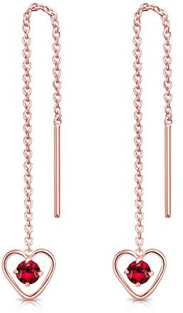 DTPsilver® Durch Ohrringe ziehen 925 Sterling Silber Rosen-Gold überzogen mit Baumelnde Herz und 3 mm runden Swarovski® Elements Kristall - Länge 68 mm - Farbe : Rubin