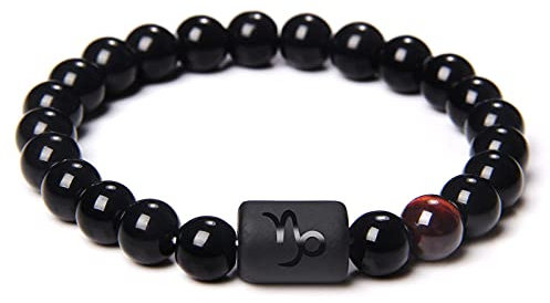 QYAQ Natürliche Damen Armbänder,7 Chakra Natürlichen Obsidian Stein Perlen Armband Elastisch Steinbock Sternbild Armreif Mode Boho Yoga Dame Schmuck Geschenk Für Freundin Mutter