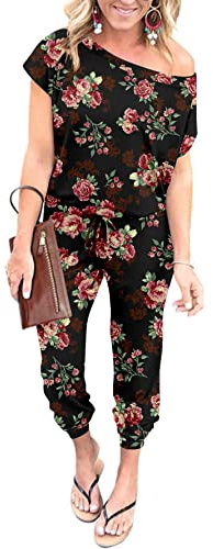 YUNDAI Womens Jumpsuits One Piece Casual Off Shoulder Playsuit Short Sleeve Overalls Elastic Waist Stretchy Romper with Pockets Small,Rose Black