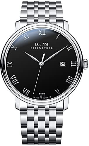 LOBINNI Herrenuhr Townsman aus Edelstahl und Leder, lässig, automatisch, mechanisch, modisch, luxuriös, Silber-schwarzer Stahl, Mechanisch