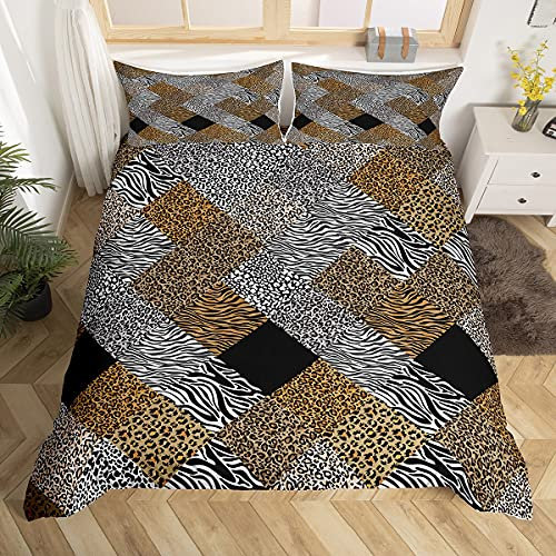 Loussiesd Leopard Drucken Betten Set Schwarz Braun Leopard Bettwäsche Set 155x220cm für Jungen Mädchen Herren Damen Grau Weiß Zebra Giraffe Bettbezug Set Jungle Tier Thema Zimmerdekoration 2St