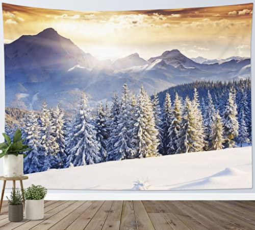 LB Wandteppich Schneeberg Wandtuch Winter Sonnenuntergang Wandbehang Natur Landschaft Tapisserie für Wohnzimmer Schlafzimmer Wohnheim Wanddeko,235x180 cm