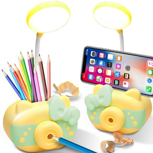 Retoo Gelb LED Schreibtischlampe für Kinder mit Spitzer, stifthalter und handyhalter, 4 in 1, Augenfreundlich Leselampe, USB, Geschenk für Mädchen, Tischlampe, Schreibtischleuchte, Leselampe