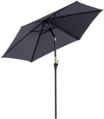Outsunny Ombrellone da Giardino Ø2.6x2.35 m Inclinabile con Manovella, Ombrellone da Esterno a 6 Stecche in Alluminio, Metallo e Poliestere 180g/㎡, Grigio