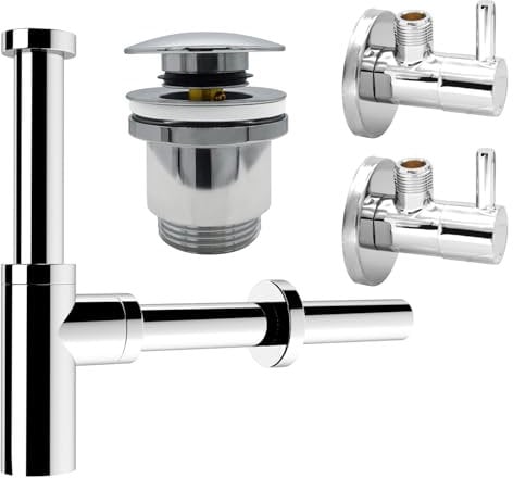 kör4u Design Set Siphon 1 1/4 Zoll x 32 mm, Pop-Up Ventil und 2x Eckventil, Ablaufventil mit Dichtungen, für Waschbecken (rund chrom)