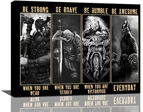 Viking Warrior Wall Art Viking Samurai Picture Wall Decor Be Strong Inspirational Quotes Canvas Painting Prints Vintage Motivational Poster Artwork Home Decor Framed for Bedroom Living Room 16x12
