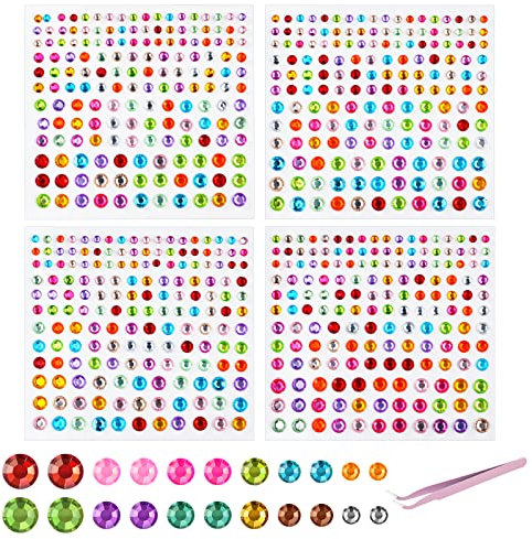 Vicloon Glitzersteine Selbstklebend,666 Stück Selbstklebende Strasssteine Bunt,4 BlätterAcryl Glitzersteine mit Pinzette,Runde Kristall Edelsteine für DIY Handwerk Gesicht Nägel Deko (3-6mm)