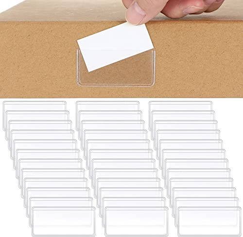 Jeyiour 100 Pcs Label Holders Adhesive Nameplate Pockets Storage Bin Labels Index Card Holder Shelf Plastic Peel Stick for Classroom Supermarket Bookshelf Library Student Box Drawer (2 x 1 Inch)