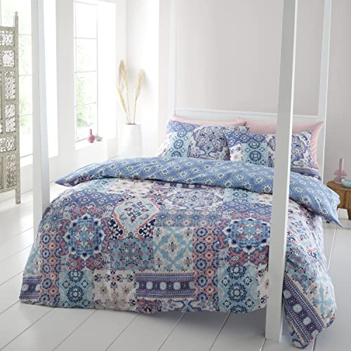 Catherine Lansfield Bedding Boho Patchwork King Duvet Cover Set with Pillowcases Blue