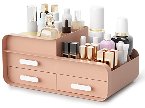 Makeup Organiser Cosmetic Storage Box, Make up Organizer Dressing Table Plastic Cosmetics Holder with Drawer - Large Countertop Vanity Cosmetic Stand Containers for Beauty Skincare Jewellery, Pink