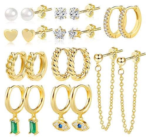 ALEXCRAFT 10 Paar Multipack Ohrringe Gold Set, 14k Vergoldet Stapelbar Ohrringe mit Anhänger Kette, Hypoallergen kleine Creolen Gold Ohrring Ohrstecker Set für Damen Frauen
