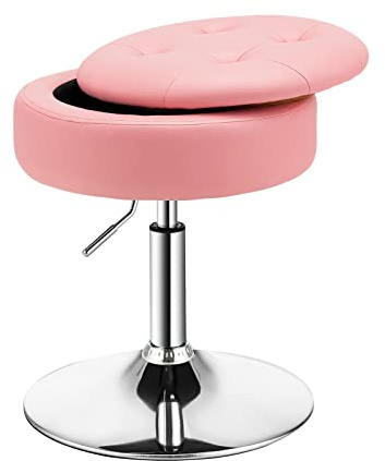 RELAX4LIFE Sgabello Vanity con Portaoggetti, Ottomana in Similpelle Imbottita, Girevole a 360° e Regolabile in Altezza Tra 51 e 66CM, per Camera da Letto, Soggiorno, Bar (Rosa)