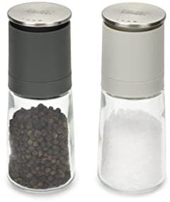 Joseph Joseph Duo No-spill Manual Salt & Pepper Grinder Set, Inverted Mills with Ceramic Grinding Mechanism, Black/Grey