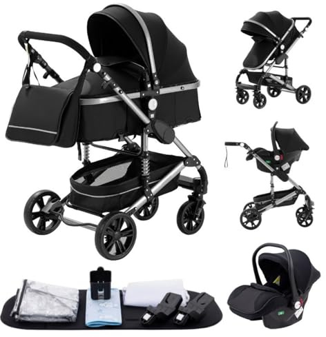 YAZOCO kinderwagen 3 in 1, Zusammenklappbar kinderwagen mit Wickeltasche,Komplettset Becherhalter,Moskitonetz, Fußabdeckung,Sitzzubehör (3 schwarz)