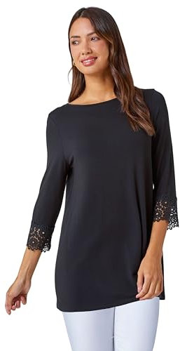 Roman Plain Lace Trim Stretch Top for Women UK Ladies Autumn Everyday Winter Holiday Round Neckline Comfy 3/4 Sleeve Soft Daywear Pull On Blouse Desk to Dinner - Black - Size 20