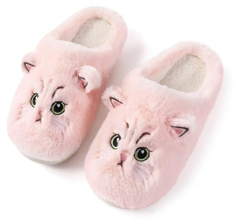 Puimentiua Mignon Chat Pantoufle Femme, Hiver Dessin Animé Chaussons Pantoufles Chat Femme Confortable AntidéRapant Chaussons Homme Fourrure Mules Pantoufles, Rose, 37-38