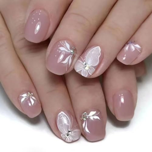 24pcs Short False Nails, Nude Pink Stick on Nails Butterfly Rhinestone Press on Nails Removable Glue-on Nails Fake Nails Acrylic Full Cover Nails Women Girls Nail Art Accessories