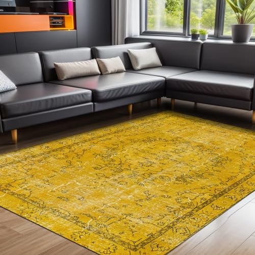 bamyum Giallo Bedruckter Chenille-Teppich 120 x 180 cm - Maschinell Hergestellt, Waschbar, Vintage, Antibakteriell Mit Antirutschunterlage für Wohnzimmer, Schlafzimmer, Küche Gelb