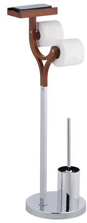 Relaxdays Portarotolo Porta Carta Igienica da Terra con Scopino WC, Piantana Rotolo e Scopettone Salvaspazio per Il Bagno, Cromato, Fibra di Legno, 84 x 25 x 30 cm