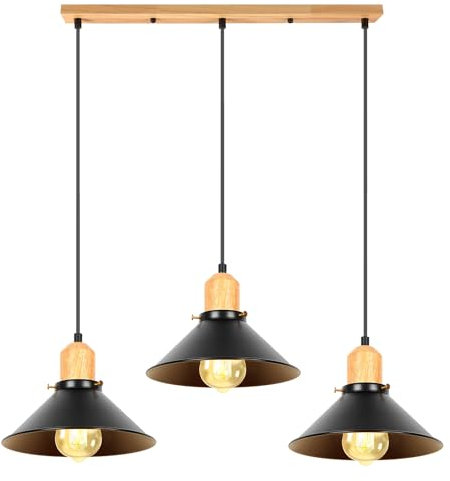 PETITES ECREVISSES Pendelleuchte 3 flammig Vintage Hängeleuchte E27 Retro Hängelampe Industrielle Metall Lampenschirm 22cm Deckenleuchte Design für Küche Wohnzimmer Esszimmer (Schwarz - mit Holz)