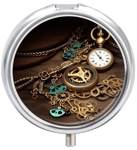 WYUSPGK Pillendose aus galvanisiertem Metall, Steampunk-Uhren, Schlüssel und Ketten, rund, tragbar, Pillendose für den täglichen Gebrauch