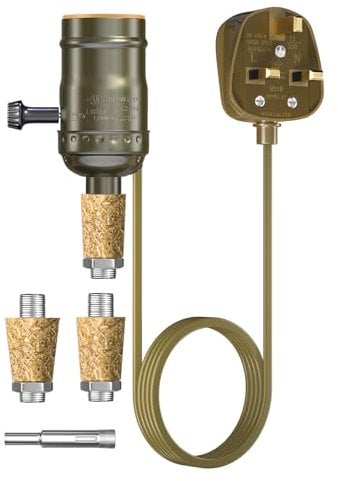 Lamptobe Bottle Lamp Kit Do It Yourself UK, 60W E27 Lamp Holder DIY Lamp Kit with Drill Bit and Corks, Antique Brass Rustic Lamp Fittings Kit for Table Lamp, Bottle Lamp, 1-Pack
