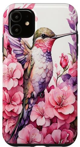 Coque pour iPhone 11 Colibri Floral Aquarelle Rose Violet Peinture Fleurs