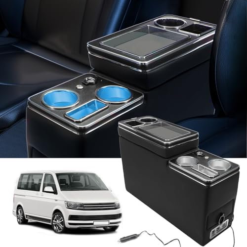 Console Centrale avec étagères de Rangement Compatible Avec VW T4 T5 T6 T7 T6.1 2003-2019, Porte-Boisson Téléphone Cuir Noir Brillant Accoudoir Avec USB et Lumières LED, Allume-cigare