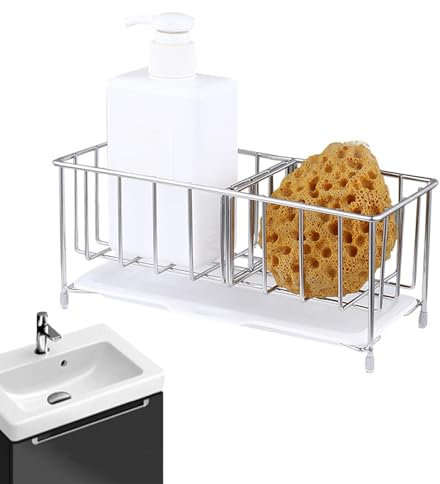 Soporte para lavaplatos, portacepillos para platos - Organizador de fregadero de cocina con bandeja de goteo extraíble, Porta esponja para platos de acero inoxidable, organizador para esponjas, lavap
